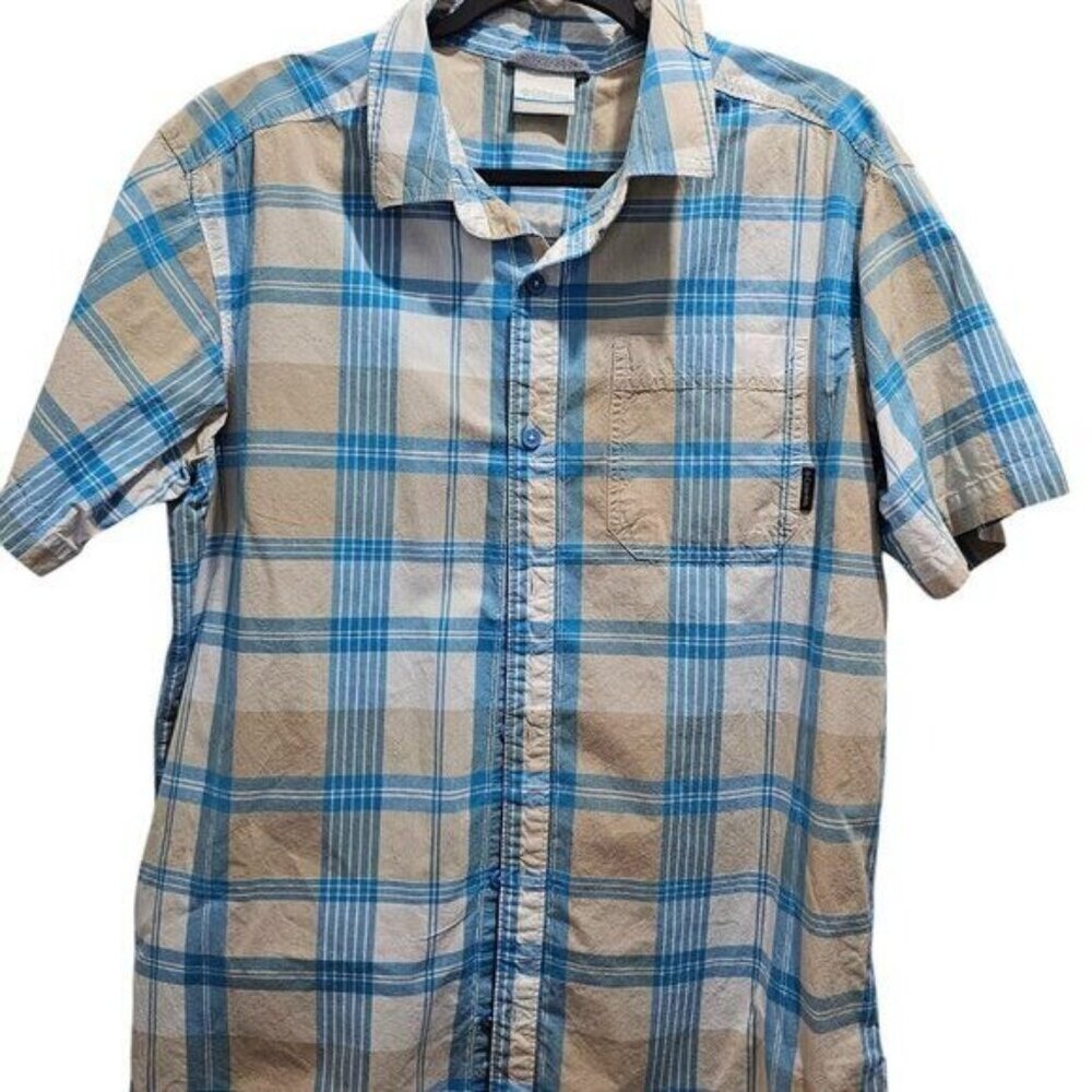 Columbia Men's Plaid Short Sleeve Button-Up Shirt L Beige & Blue Cotton